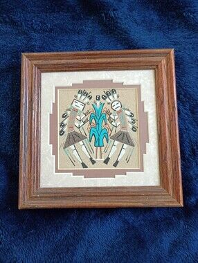 Authentic Navajo Sand Painting 7x7 Framed Male Female Yei Art by P Rust with COA